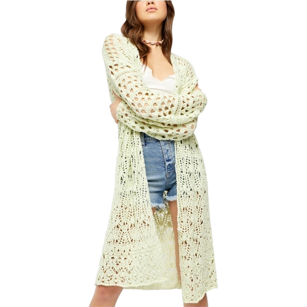 Free People New Small Sweet Talker Boho Long Crochet Knit Cardigan Honeydew